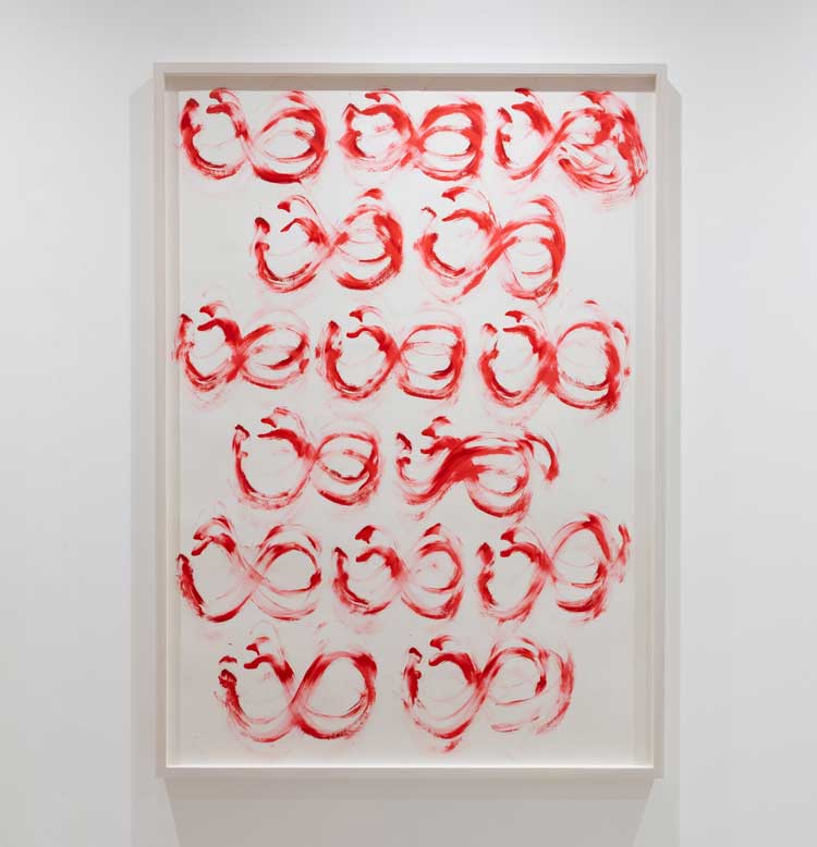 William Mackrell, Divine Loop, 2025. Lipstick on Heritage white paper, lime wood frame, UV glass, 133.5 x 95.5 cm. Photo: courtesy Agnese Sanvito.