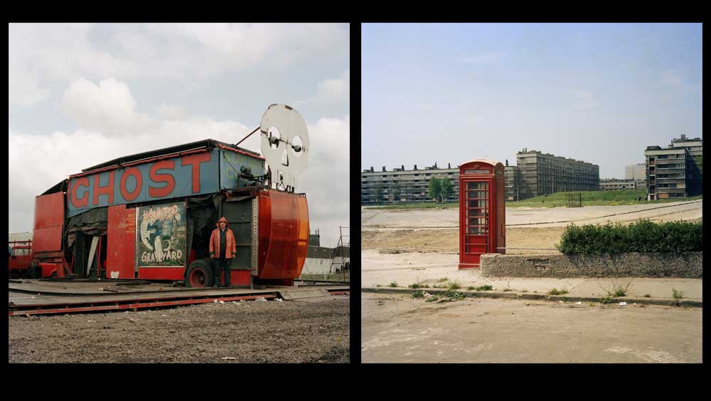 Left: Peter Mitchell, Francis Gavan, Ghost Train Ride, Woodhouse Moor, Leeds, Spring 1986, © Peter Mitchell. Right: Peter Mitchell, The Kitson House telephone, Quarry Hill Flats, 1978 © Peter Mitchell.