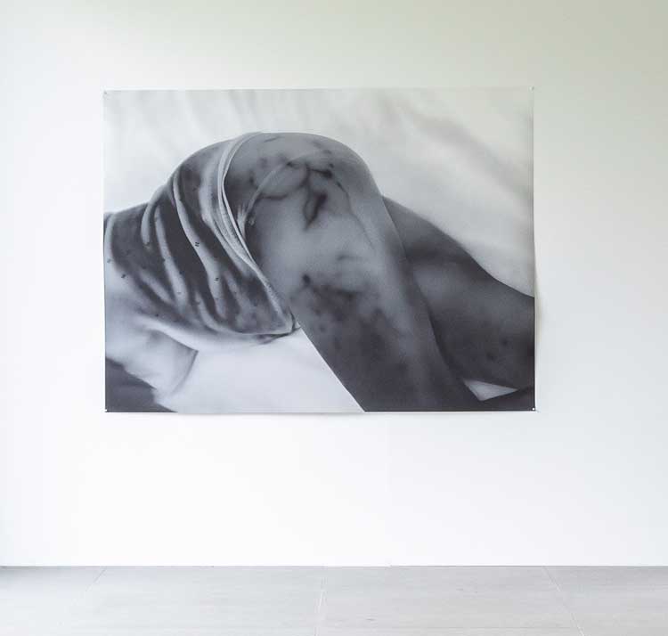 Yulia Mahr. About Sarah II, 2023. Lens based work on Somerset paper, 150 x 200 cm. Installation view, Unbecoming. Wehrmuehle, 2024. Photo: Angela Simi.