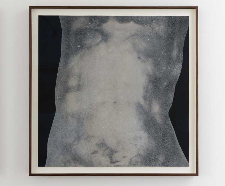 Yulia Mahr. The Quiet Uncertainty of Stone VIII, 2024. Hand finished editions, marble pigment on lens-based print, 76.2 x 76.2 cm. Unbecoming. Installation view, Wehrmuehle, 2024. Photo: Angela Simi.