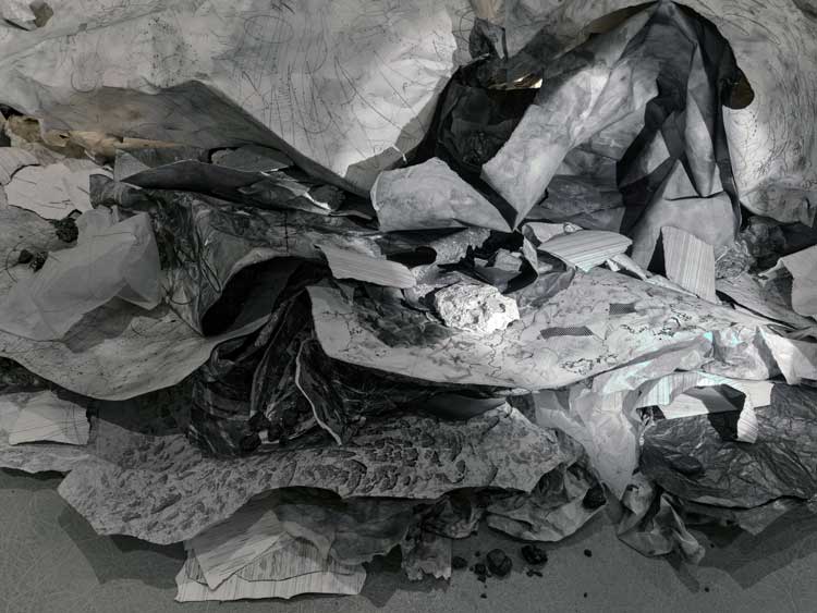 Emma McNally, The Earth is Knot Flat, 2024. Graphite, paper, kaolin, gum arabic. Installation view, Drawing Room/Tannery Arts, London. Photo: Eva Herzog.