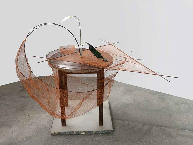 Marisa Merz, Untitled, 1977. Table, copper wire, metal rods, spathiphyllum (monocot), dimensions variable. Private collection. © Adagp, Paris, 2024. Photo: Mario Corti.