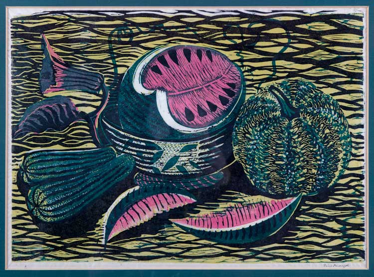Enid Marx, Watermelon, pumpkin and cucumber, 1950s. Three-colour linocut on paper. © Compton Verney, photo by Jamie Woodley.