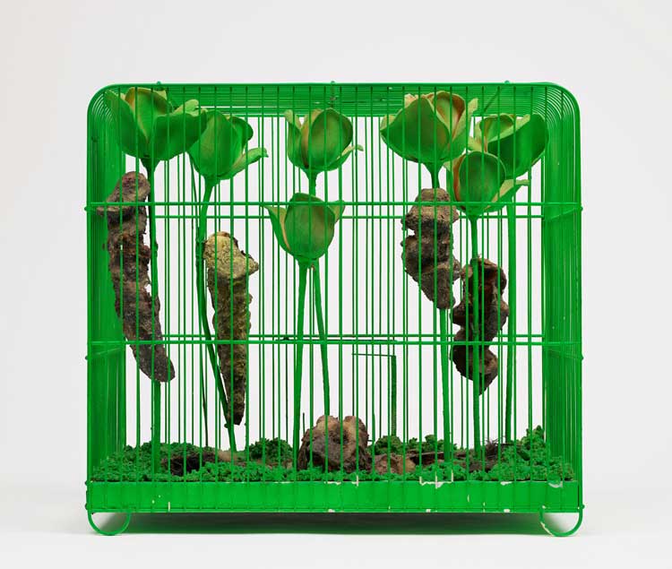 Tetsumi Kudo, Souvenir‚ La Mue - For Nostalgic Purpose - For Your Living Room, 1967. Acrylic on plastic flowers and mixed media in painted cage, 34.9 x 38.9 x 25.1 cm (13 3/4 x 15 3/8 x 9 7/8 in). Photo: Thomas Barratt.