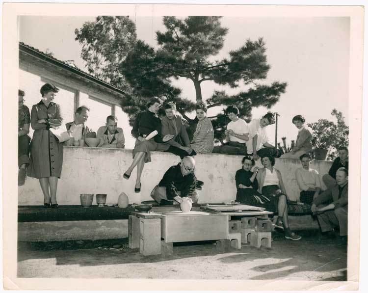 Hamada Shōji demonstrating at Scripps College, California, 1953. From the collections of the Crafts Study Centre, University for the Creative Arts.