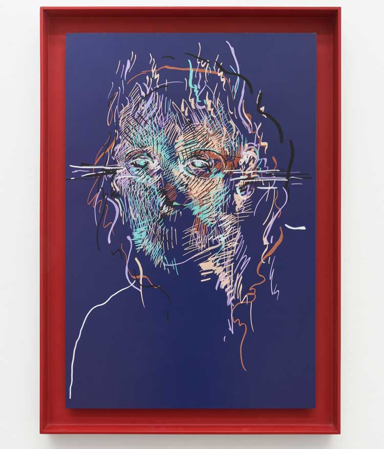 Paul Maheke, Ancestral Muse II (blue), 2023. Acrylic pencil on aluminium panels, 50 x 75 cm. Photo: © Rob Battersby.