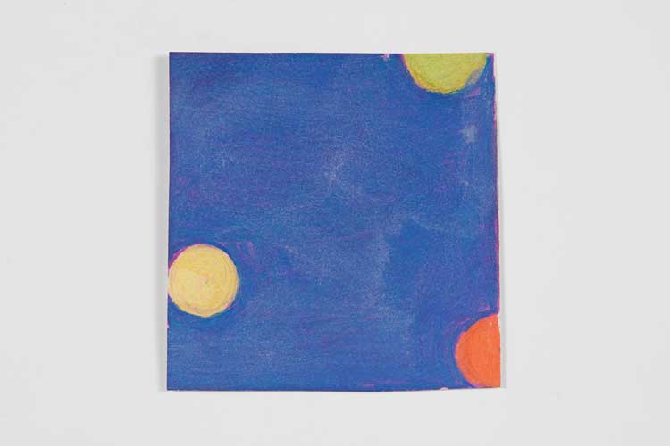 Jeremy Moon, Work on paper, 1965. Paint, oil stick, pastel on paper, 11.4 x 11.3 cm (4 1/2 x 4 7/16 in). © Estate of Jeremy Moon. Courtesy the estate and Luhring Augustine, New York. Photo: Farzad Owrang.