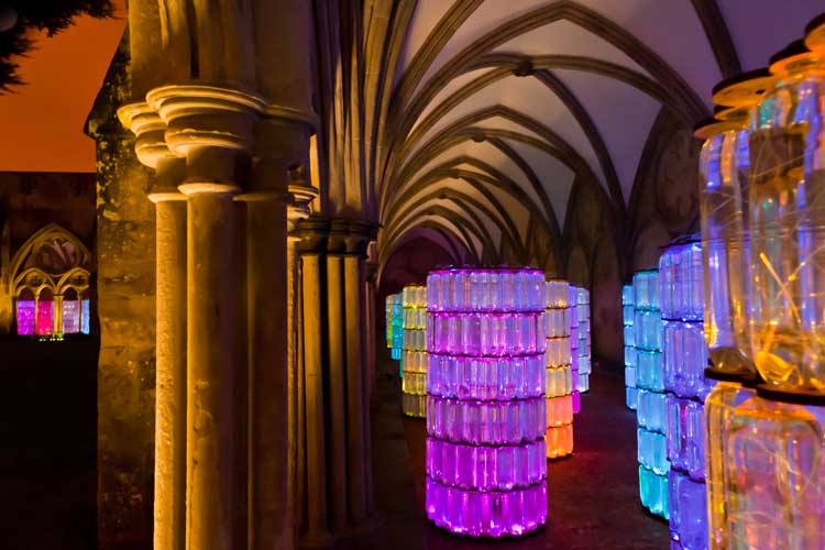 Bruce Munro. Water Towers, Salisbury Cathedral, 2010. Copyright © 2023 Bruce Munro. All rights reserved. Photo: Ash Mills.
