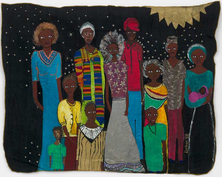 Dindga McCannon. Family #1, 1988. Acrylic on silk, 124.5 x 157.5 cm (49 x 62 in). Courtesy the artist, Pippy Houldsworth Gallery, London, and Fridman Gallery, New York.
