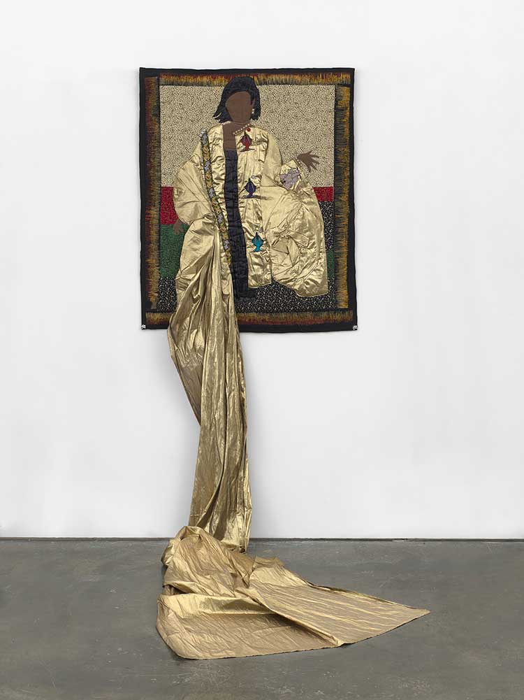 Dindga McCannon. Bessie's Song, 2003. Appliqué and machine quilted cottons, gold lame, vintage beaded trim, embroidered patches, glass beads, metallic threads, 228.6 x 91.4 cm (90 x 36 in). Courtesy the artist, Pippy Houldsworth Gallery, London, and Fridman Gallery, New York.