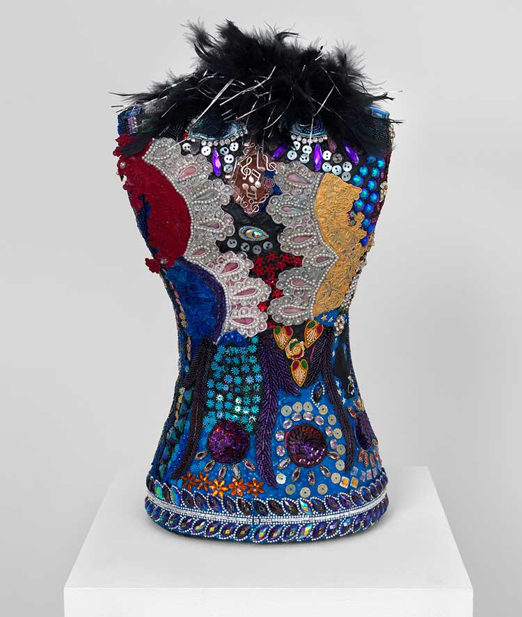 Dindga McCannon. Carnival #1, 2022. Mixed media on mannequin, 68.6 x 45.7 x 45.7 cm (27 x 18 x 18 in). Courtesy the artist, Pippy Houldsworth Gallery, London, and Fridman Gallery, New York.