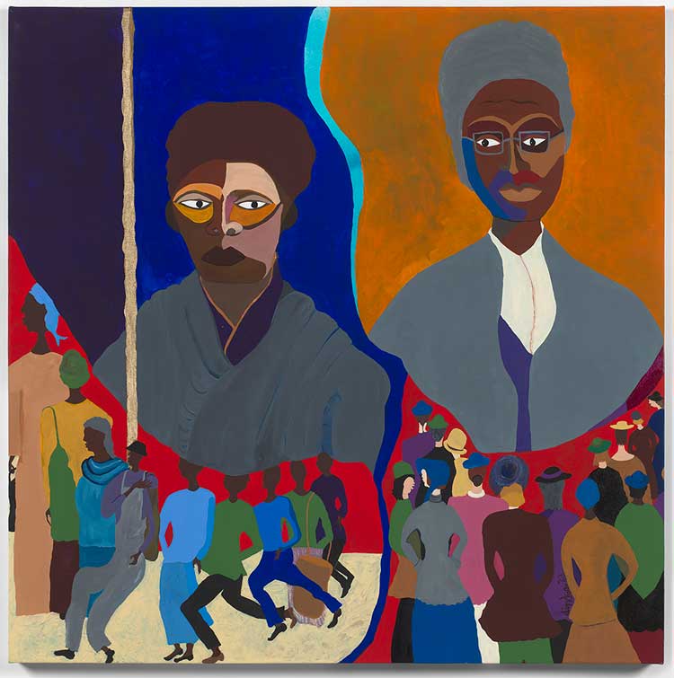 Dindga McCannon. Harriet Tubman and Sojourner Truth - Warriors, 2021. Acrylic on canvas, 121.9 x 121.9 cm (48 x 48 in). Courtesy the artist, Pippy Houldsworth Gallery, London, and Fridman Gallery, New York.