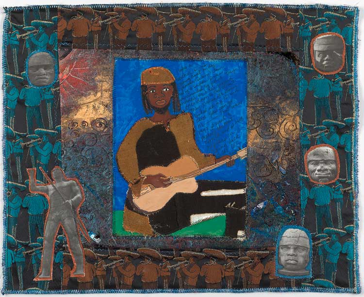 Dindga McCannon. I Ain't Never Coming Back to the U.S.! Ever! to Bro. Yekk, 2016. Mixed media quilt, 44.5 x 54.6 cm (17 1/2 x 21 1/2 in). Courtesy the artist, Pippy Houldsworth Gallery, London, and Fridman Gallery, New York.