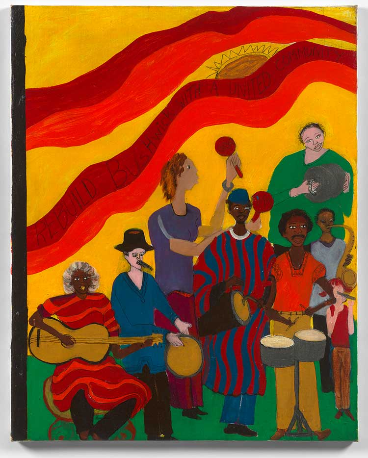 Dindga McCannon. The First Marquet for the Mural A United Community - Bushwick Brooklyn, 1979. Acrylic on canvas, 76.5 x 61 cm. Courtesy the artist, Pippy Houldsworth Gallery, London, and Fridman Gallery, New York.