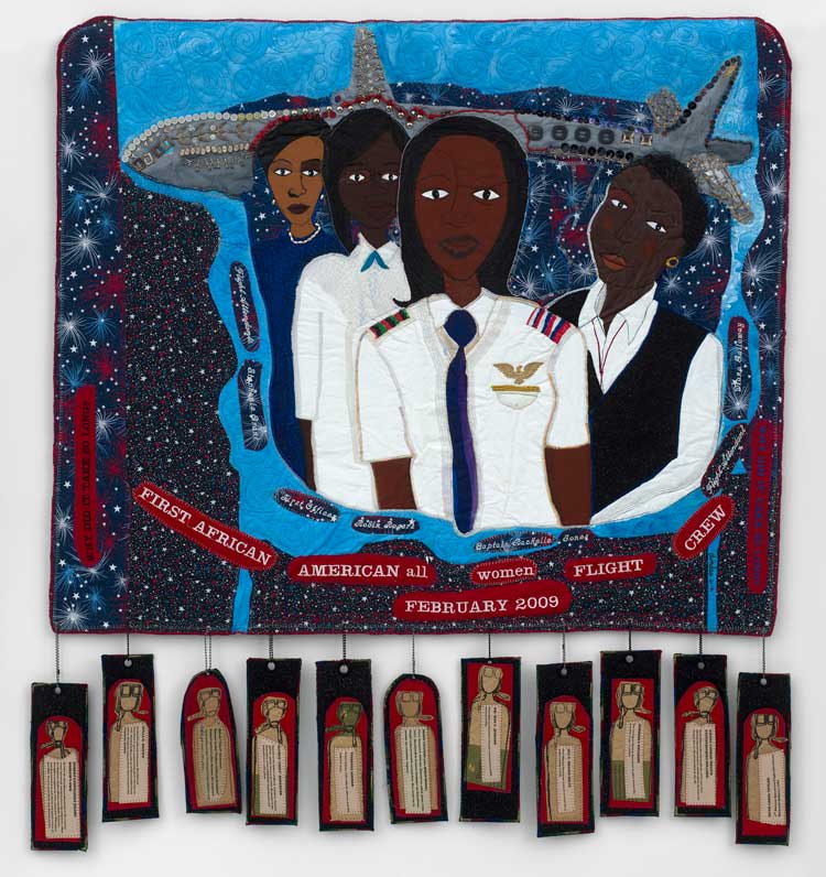 Dindga McCannon. Why Did it Take So Long? (Black Women in Aviation), 2012. Mixed media on canvas, 149.9 x 149.9 cm (59 x 59 in). Courtesy the artist, Pippy Houldsworth Gallery, London, and Fridman Gallery, New York.