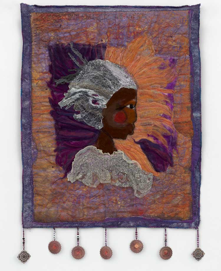Dindga McCannon. Words Form the Threads of Our Experiences, 2015. Mixed media on quilt, 83.8 x 55.9 cm (33 x 22 in). Courtesy the artist, Pippy Houldsworth Gallery, London, and Fridman Gallery, New York.