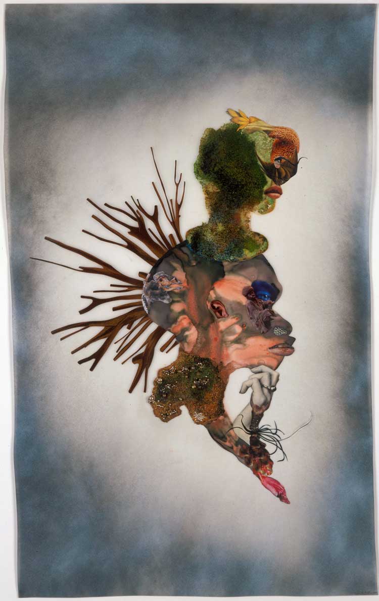 Wangechi Mutu, You were always on my mind, 2007. Ink, paint, mixed media, plant material and plastic pearls on Mylar, 142 x 93.3 cm (55.95 x 36.76 in). Courtesy of the Artist and Victoria Miro, London.