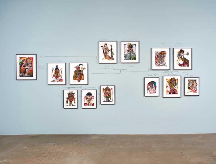 Wangechi Mutu, Family Tree, 2012. Suite of 13 mixed-media collages on paper, dimensions variable. Courtesy of the Artist and Susanne Vielmetter Los Angeles Projects. Photo: Robert Wedemeyer.