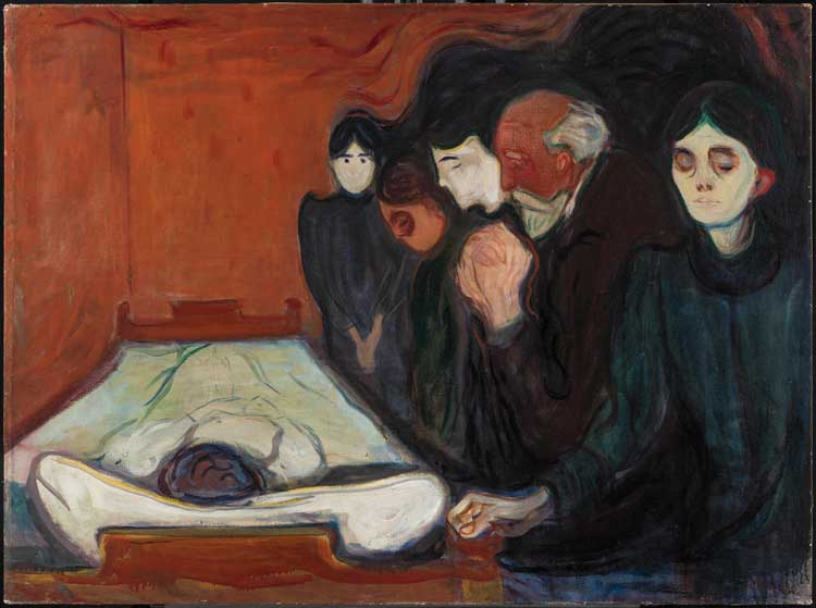 Edvard Munch. At the Deathbed, 1895. Oil and tempura on unprimed canvas, 90.2 x 123.3 cm. KODE Bergen Art Museum, The Rasmus Meyer Collection.