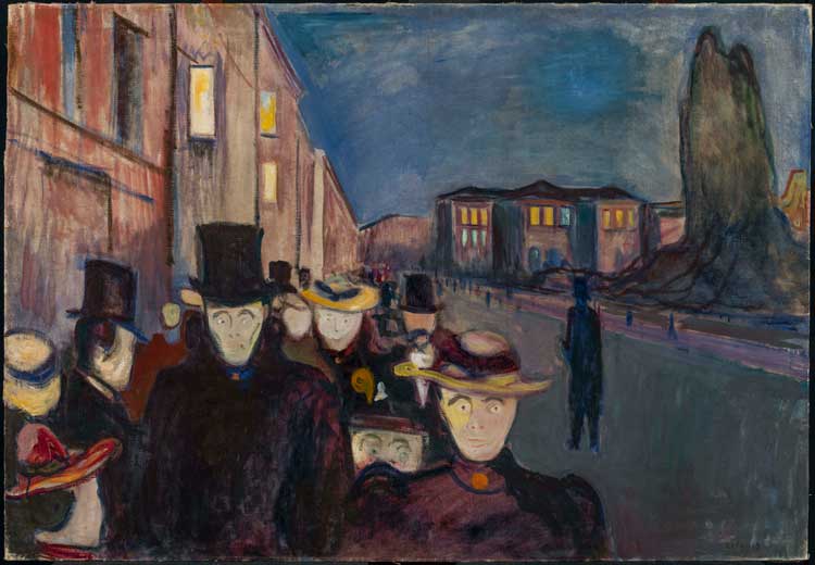 Edvard Munch. Evening on Karl Johan Street, 1892. Oil on canvas, 84.5 x 121.7 cm. KODE Bergen Art Museum, The Rasmus Meyer Collection.