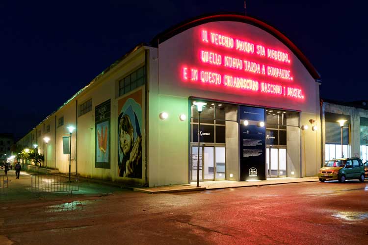 The facade of ZACentrale which features an installation by Alfredo Jaar. Photo: Jolanda Carollo, Courtesy Fondazione Merz.