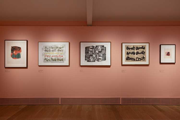 Installation view of Henry Moore: The Sixties with Reclining Figure, 1964; Seventeen Reclining Figures with Architectural Background, Square Forms, 1963; Six Reclining Figures with Buff Background, and Black Figure on Pink Background, 1967. Photo: Rob Harris.