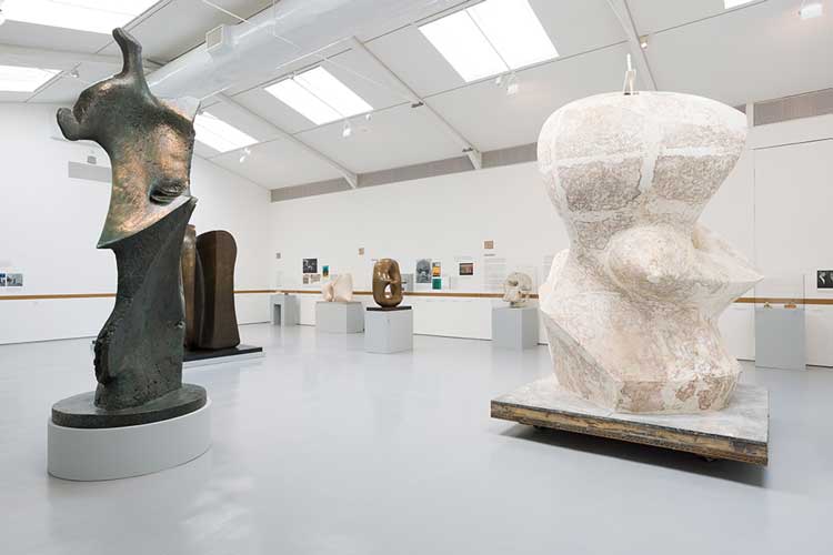 Installation view of Henry Moore: The Sixties with Working Model with Oval with Points, 1968-69 (LH 595); Large Spindle Piece, 1968 (LH 593 plaster); Large Standing Figure Knife Edge 1961 (LH 482a). Photo: Rob Harris.