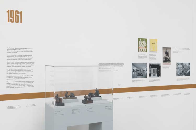 Installation view of Henry Moore: The Sixties with Large Spindle Piece, 1968 (LH 593 plaster); Large Standing Figure Knife Edge, 1961 (LH 482a). Photo: Rob Harris.