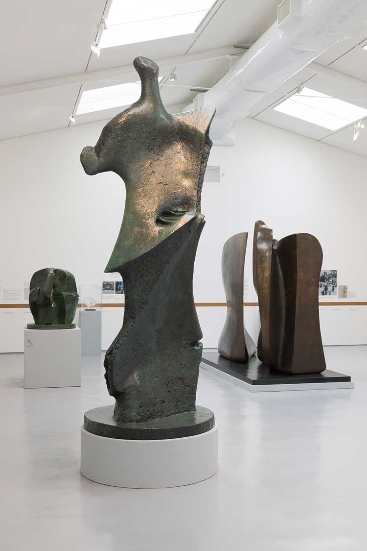 Installation view of Henry Moore: The Sixties with Large Standing Figure Knife Edge, 1961 (LH 482a); Knife Edge Two Piece, 1962-65 (LH 516); Working Model with Oval with Points, 1968-69 (LH 595). Photo: Rob Harris.