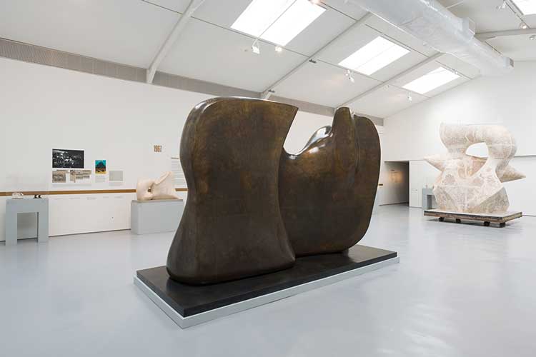 Installation view of Henry Moore: The Sixties with Large Spindle Piece, 1968 (LH 593 plaster); Knife Edge Two Piece, 1962-65 (LH 516). Photo: Rob Harris.