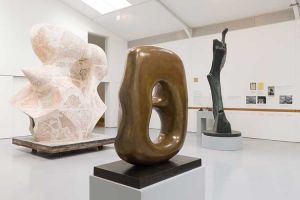 Installation view of Henry Moore: The Sixties with Working Model with Oval with Points, 1968-69 (LH 595); Large Spindle Piece, 1968 (LH 593 plaster); Large Standing Figure Knife Edge, 1961 (LH 482a). Photo: Rob Harris.