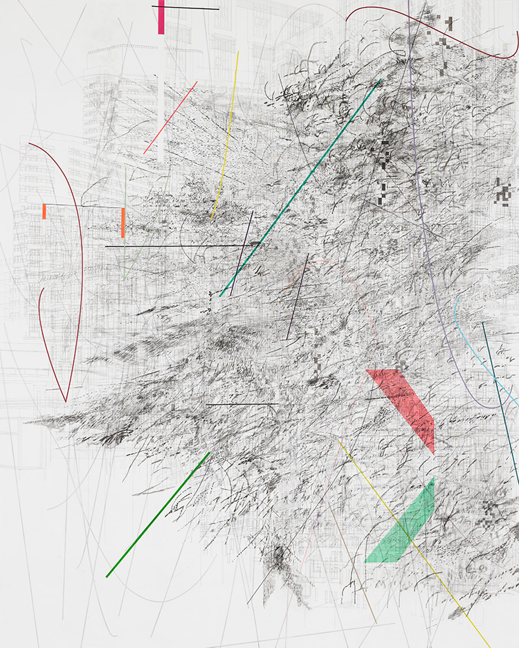 Julie Mehretu. Mogamma (A Painting in Four Parts) Part 1, 2012. Ink and acrylic on canvas, 180 x 144 in (457.2 x 365.8 cm). Collection Guggenheim Abu Dhabi, UAE. Photo: Ben Westoby. © Julie Mehretu.