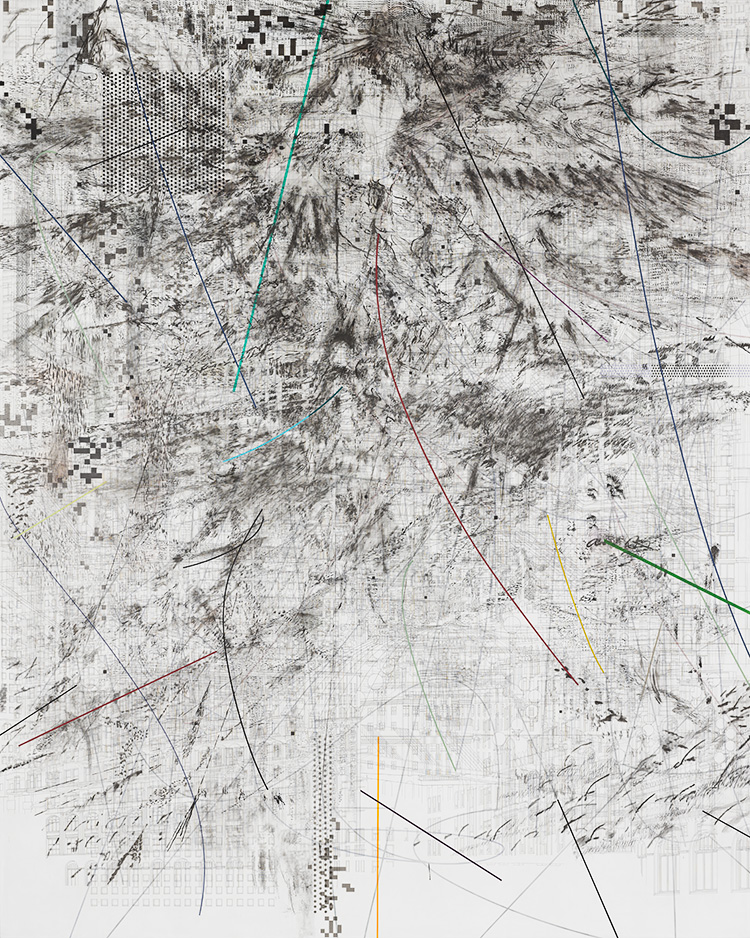 Julie Mehretu. Mogamma (A Painting in Four Parts) Part 2, 2012. Ink and acrylic on canvas, 180 x 144 in (457.2 x 365.8 cm). Collection High Museum of Art, Atlanta, GA. Photo: Ben Westoby. © Julie Mehretu.