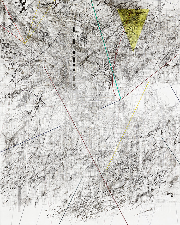 Julie Mehretu. Mogamma (A Painting in Four Parts) Part 3, 2012. Ink and acrylic on canvas. 180 x 144 in (457.2 x 365.8 cm). Collection Tate London, UK. Photo: Ben Westoby. © Julie Mehretu.