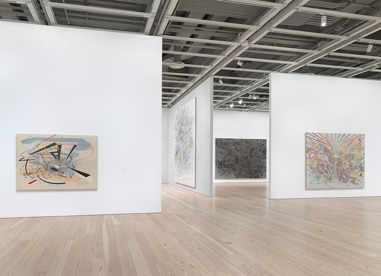 Installation view of Julie Mehretu (Whitney Museum of American Art, New York, March 24-August 8, 2021). From left to right: Untitled 2, 2001; Mogamma (A Painting in Four Parts) Part 4, 2012; Invisible Sun (algorithm 4, first letter form), 2015; Looking Back to a Bright New Future, 2003. Photo: Ron Amstutz