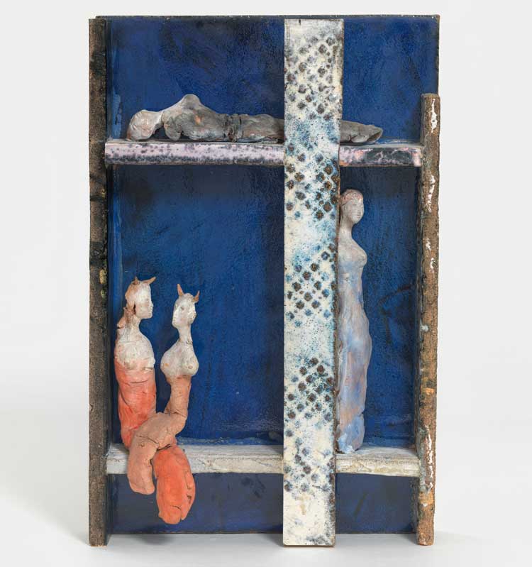 Fausto Melotti, Teatrino (Little Theater), c. 1950. Glazed ceramic, painted clay, 46 x 30 x 9 cm (18 1/8 x 11 3/4 x 3 1/2 in). Photo: Alex Delfanne. © Fondazione Fausto Melotti, Milano. Courtesy Fondazione Fausto Melotti, Milan and Hauser & Wirth.