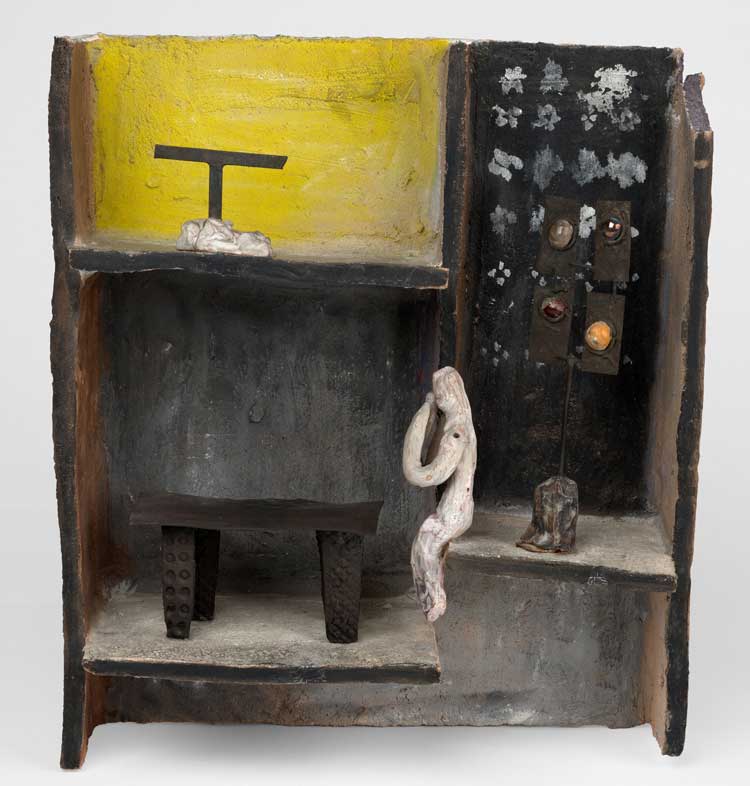 Fausto Melotti, Meditazione domestica (Domestic Meditation), 1959. Painted terracotta, brass and glazed ceramic, 45.7 x 41.3 x 15.9 cm (18 x 16 1/4 x 6 1/4 in). Photo: Todd White Art Photography. © Fondazione Fausto Melotti, Milano. Courtesy Fondazione Fausto Melotti, Milan and Hauser & Wirth.