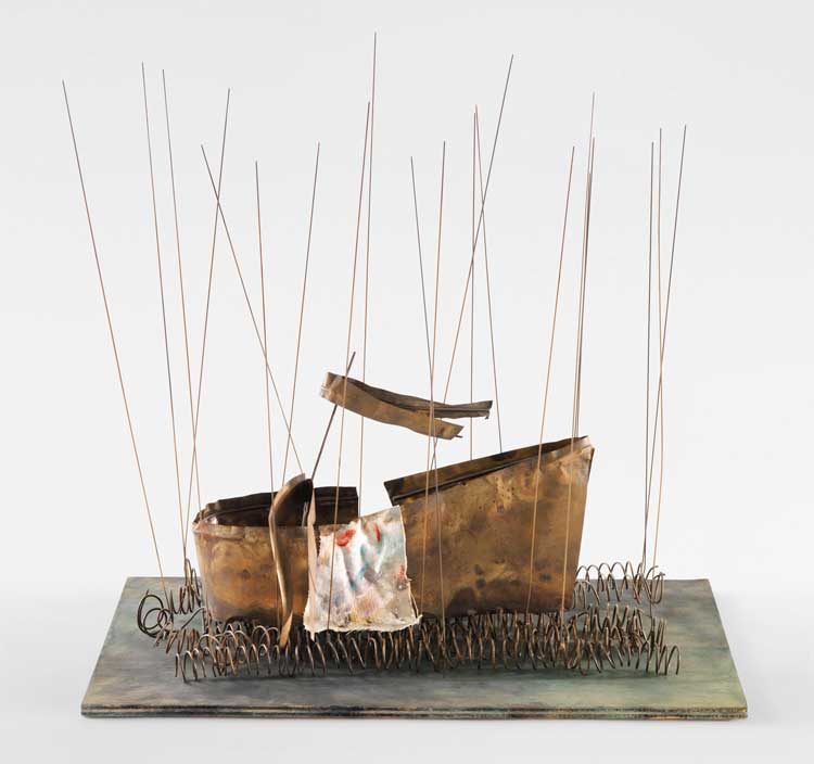 Fausto Melotti, In palude (In the Swamp), 1984. Brass, painted wood, painted fabric, 41 x 42 x 26 cm (16 1/8 x 16 1/2 x 10 1/4 in). Photo: Stefan Altenburger Photography Zürich. © Fondazione Fausto Melotti, Milano. Courtesy Fondazione Fausto Melotti, Milan and Hauser & Wirth.