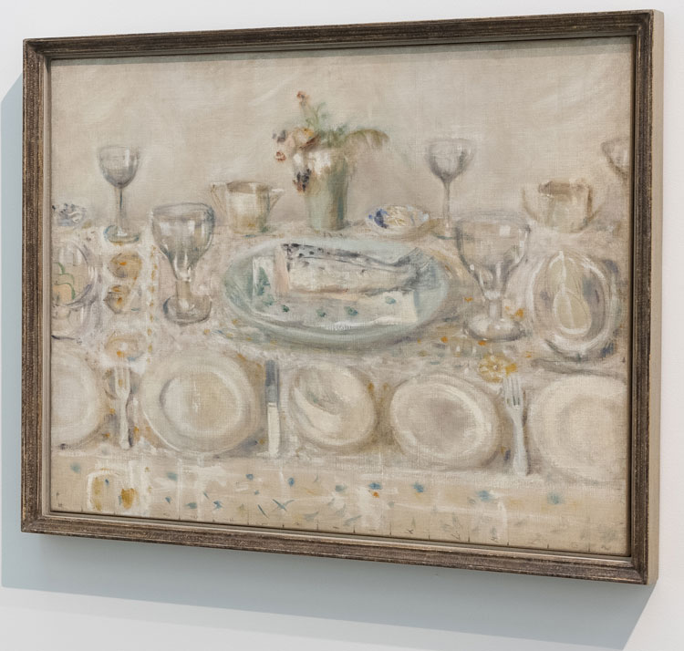 Margaret Mellis, Banquet, 1939. Oil on canvas, 63.5 x 76 cm. Installation view, Towner Art Gallery, 2021.