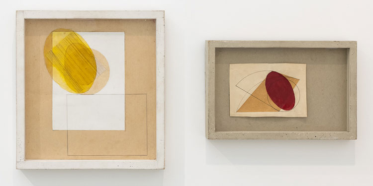 Left: Margaret Mellis, Construction with Yellow Oval, 1941. Collage, ink and paper. Right: Collage with Red Oval, 1942. Mixed media and collage on paper. Installation view, Towner Art Gallery, 2021.
