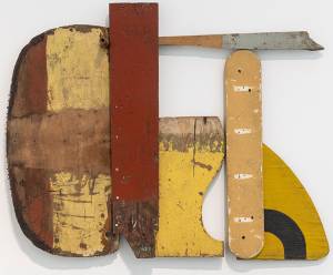 Margaret Mellis, Rust Yellow, 1990. Driftwood construction, 89 x 110 cm. Installation view, Towner Art Gallery, 2021.