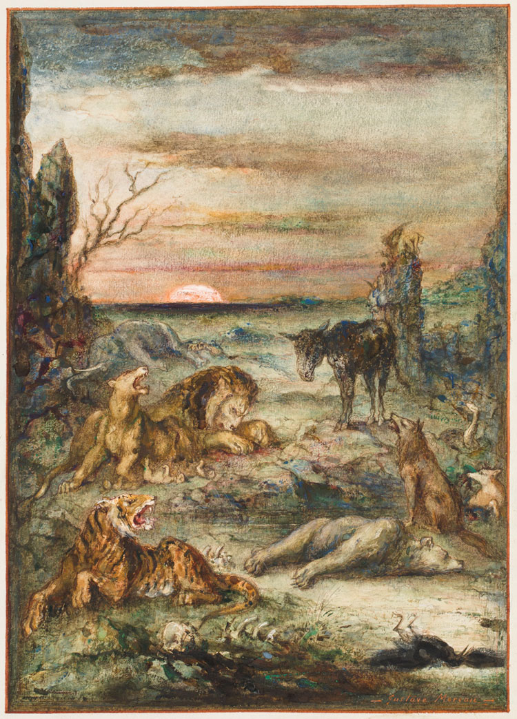 Gustave Moreau, The Animals Stricken with the Plague, 1883. Watercolour, gouache, graphite and red chalk. © Private Rothschild Collection / Jean-Yves Lacôte.