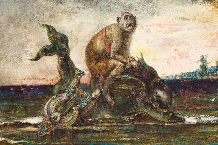 Gustave Moreau, The Monkey and the Dolphin (detail), 1879-80. Watercolour, gouache, pen and ink, ink and wash, graphite. © Private Rothschild Collection / Jean-Yves Lacôte.
