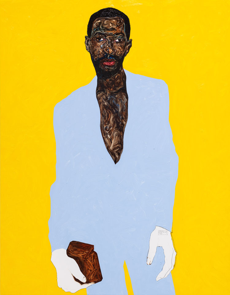 Amoako Boafo. Hudson in a Baby Blue Suit, 2019. Oil on canvas, 78 1/2 x 61 1/2 in. (200 x 156 cm). Courtesy Rubell Museum, Miami.