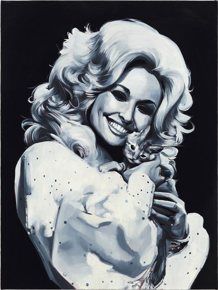 Sam McKinniss, Dolly Parton with kitten, 2021. Oil on linen, 61 x 45.7 cm / 24 x 18 in. © Sam McKinniss. Courtesy of the Artist and Almine Rech. Photo: Dan Bradica.