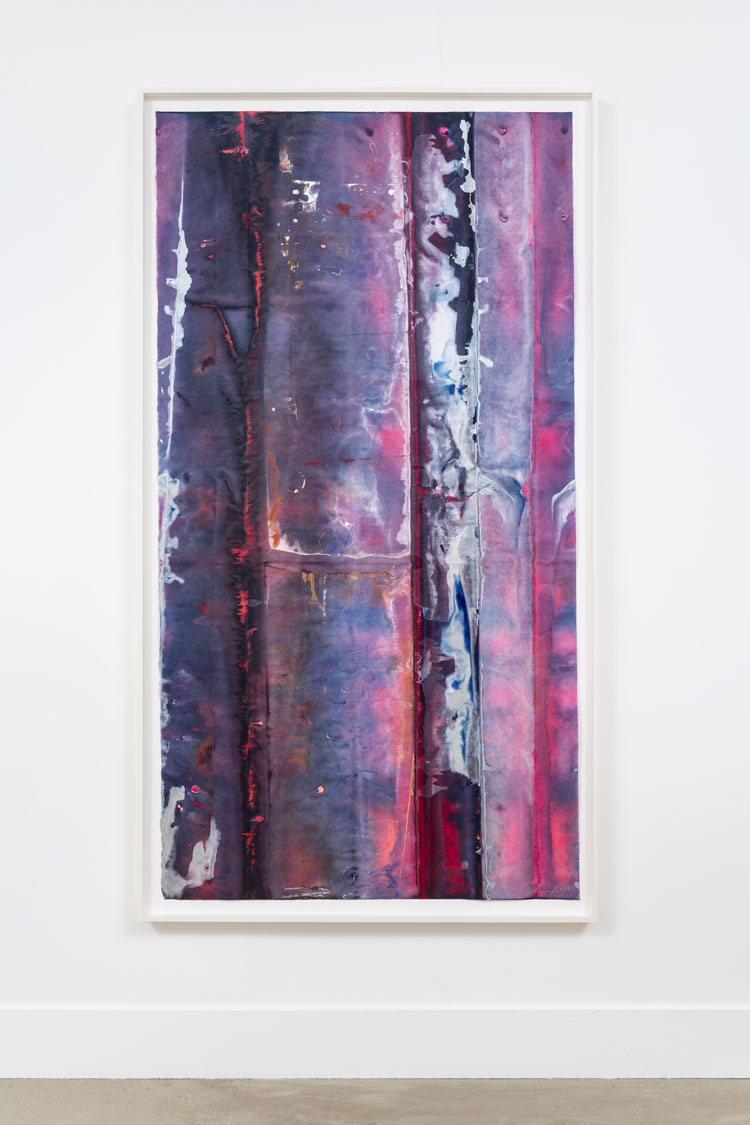 Sam Gilliam. Untitled, 2019. Watercolour and acrylic on washi paper, 194 × 107 × 5.7 cm (76.4 × 42.1 × 2.3 in). Photo: Damian Griffiths. © Sam Gilliam, ARS, NY and DACS, London 2021. Image courtesy of Private Collection, Europe and Maximillian William, London.