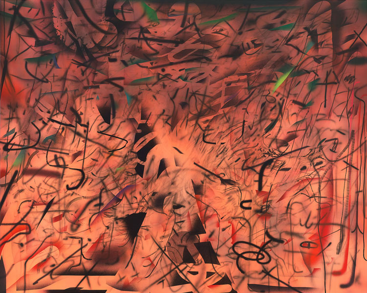 Julie Mehretu, Hineni (E. 3:4), 2018. Ink and acrylic on canvas, 96 × 120 in (243.84 × 304.8 cm). Centre Pompidou, Paris, Musée national d’art moderne/Centre de création industrielle; gift of George Economou, 2019. © Julie Mehretu.