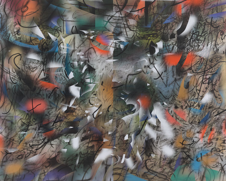 Julie Mehretu, Haka (and Riot), 2019. Ink and acrylic on canvas, 144 × 180 in (365.76 × 457.2 cm). Los Angeles County Museum of Art; gift of Andy Song M.2020.65a–b. Photo: Tom Powel Imaging. © Julie Mehretu.