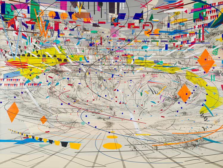 Julie Mehretu, Stadia II, 2004. Ink and acrylic on canvas, 107 3/8 × 140 1/8 in (272.73 × 355.92 cm). Carnegie Museum of Art, Pittsburg; gift of Jeanne Greenberg Rohatyn and Nicolas Rohatyn and A.W. Mellon Acquisition Endowment Fund 2004.50. Photo courtesy the Carnegie Museum. © Julie Mehretu.