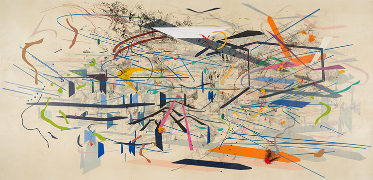 Julie Mehretu, Retopistics: A Renegade Excavation, 2001. Ink and acrylic on canvas, 101 ½ × 208 ½ in (257.81 × 529.59 cm). Crystal Bridges Museum of American Art, Bentonville, Arkansas 2013.28. © Julie Mehretu.